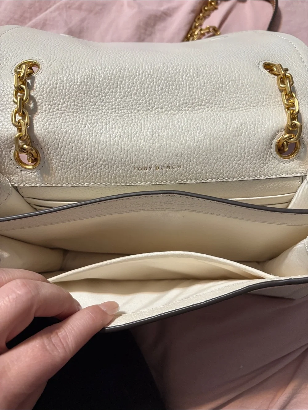 Tory Burch Cream Pebbled Leather Chain-Handle Shoulder Bag with Gold Hardware